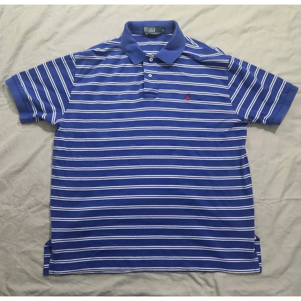Polo Ralph Lauren Striped Polo Shirt Mens L Blue White‎ Pony Logo Short Sleeve